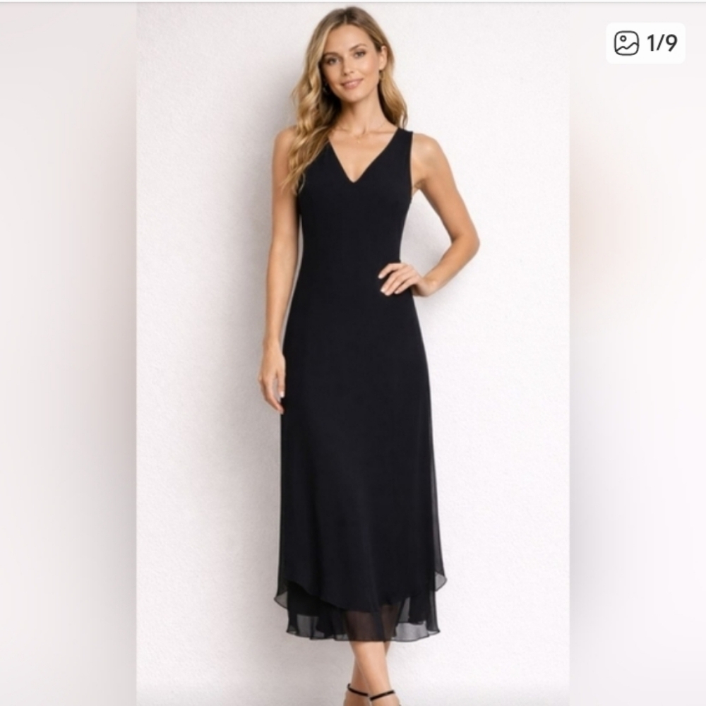 Simply Silk Vintage Black 100% Silk V-neck Maxi Layered Hem Dress Size L